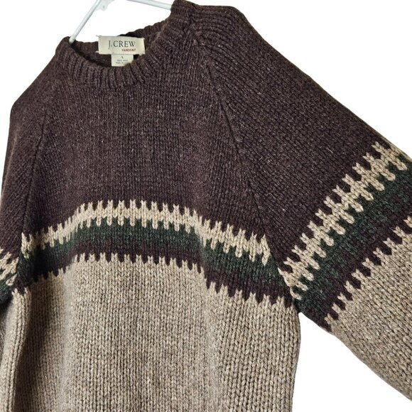 J.Crew Vintage Thick Handknit Wool Sweater L‎ Brown Striped Fisherman Pullover - Picture 3 of 8